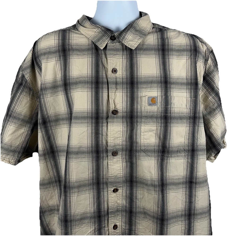 Carhartt Shirt Mens 3XL Brown Tan Plaid Button Down Short Sleeve Relaxed Fit